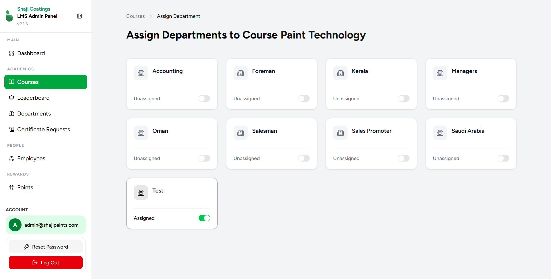 Assign Departments Screen
