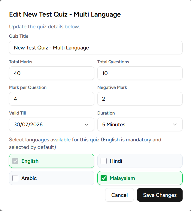 Edit Quiz Modal