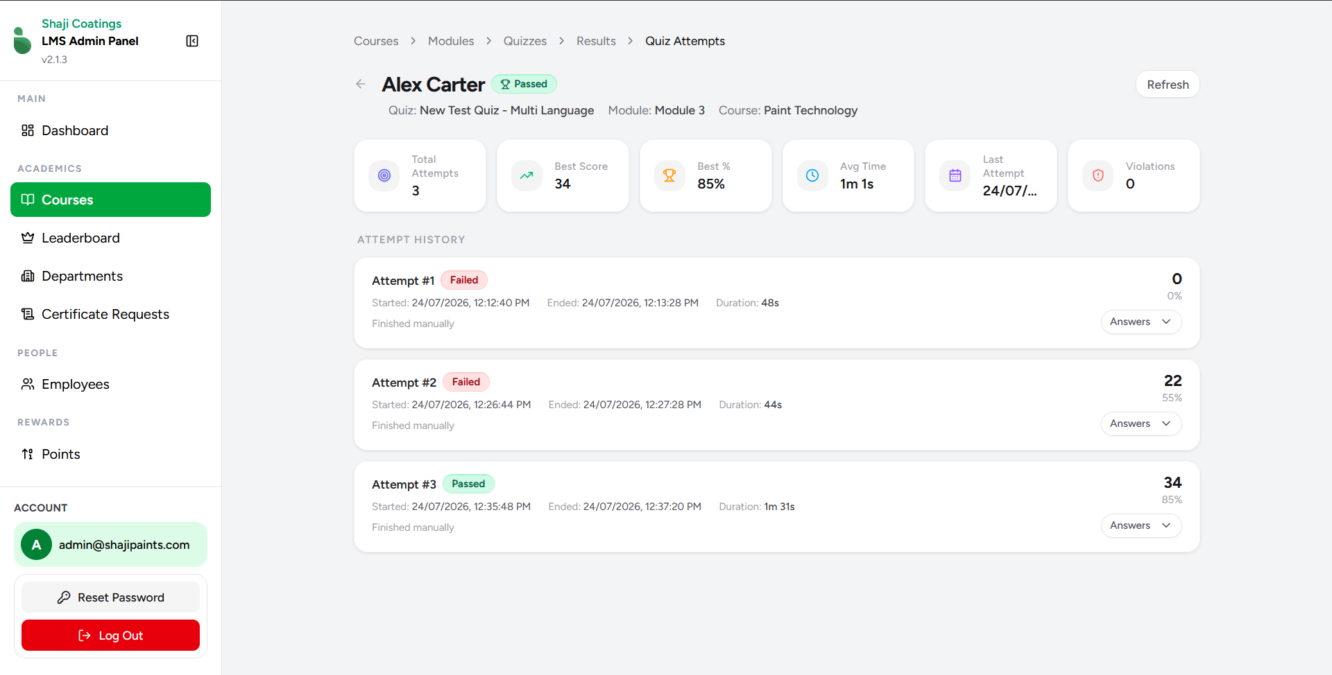 Quiz Attempts Screen