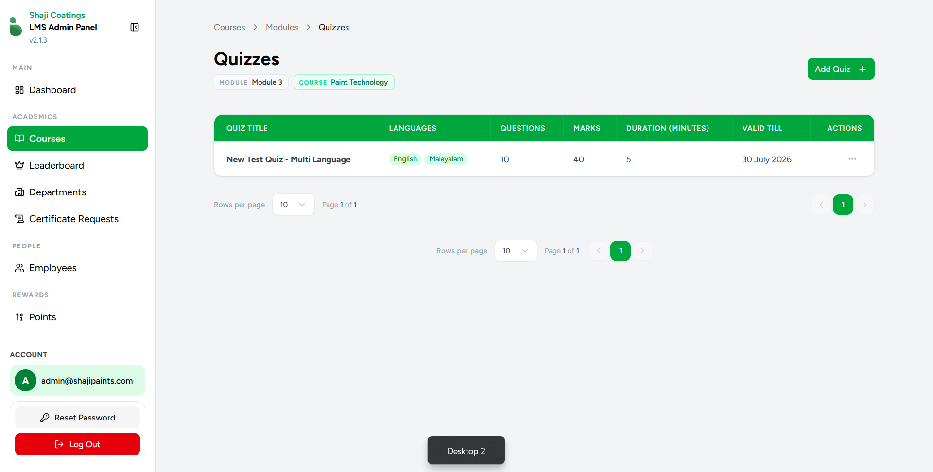 Quizzes Screen