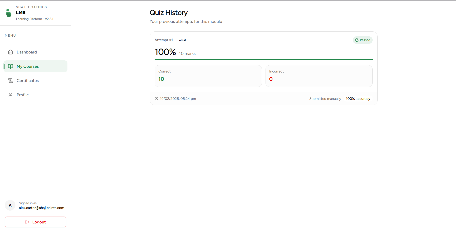 Quiz Attempt History Card